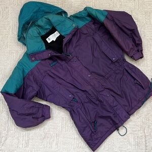Vintage Columbia winter jacket ski coat with hood, purple and teal, Size Small